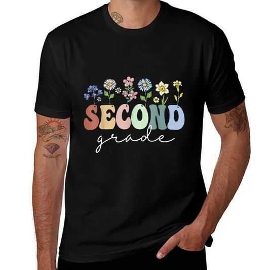 2nd Grade Wildflower Floral Back To School Gift For Teachers  Rolled Sleeves T-Shirt