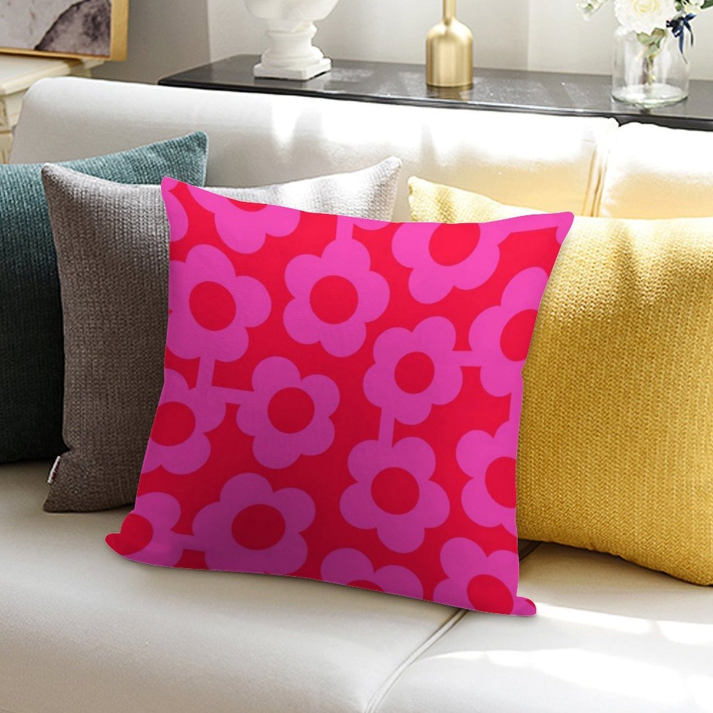 Iconic Retro Scandinavian Flowers in Pink And Neon Red Soft Short Plush Fabric Throw Pillow