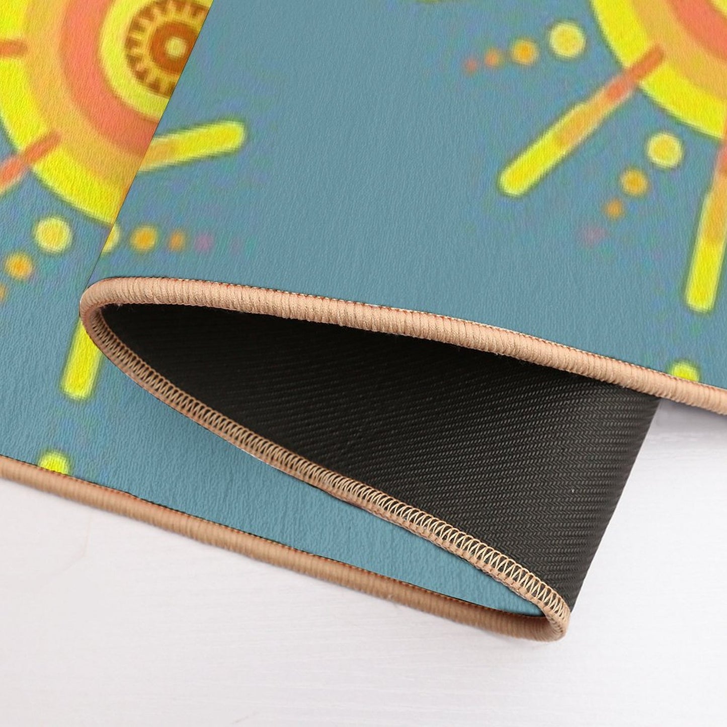 Yellow Sun Pattern Retro Style Design Blue  High-Traffic Bath Mat