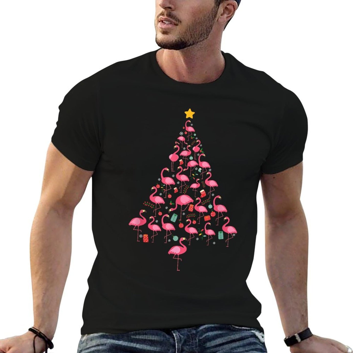 Funny Flamingo Christmas Tree Flamingo Xmas  Cotton T-Shirt