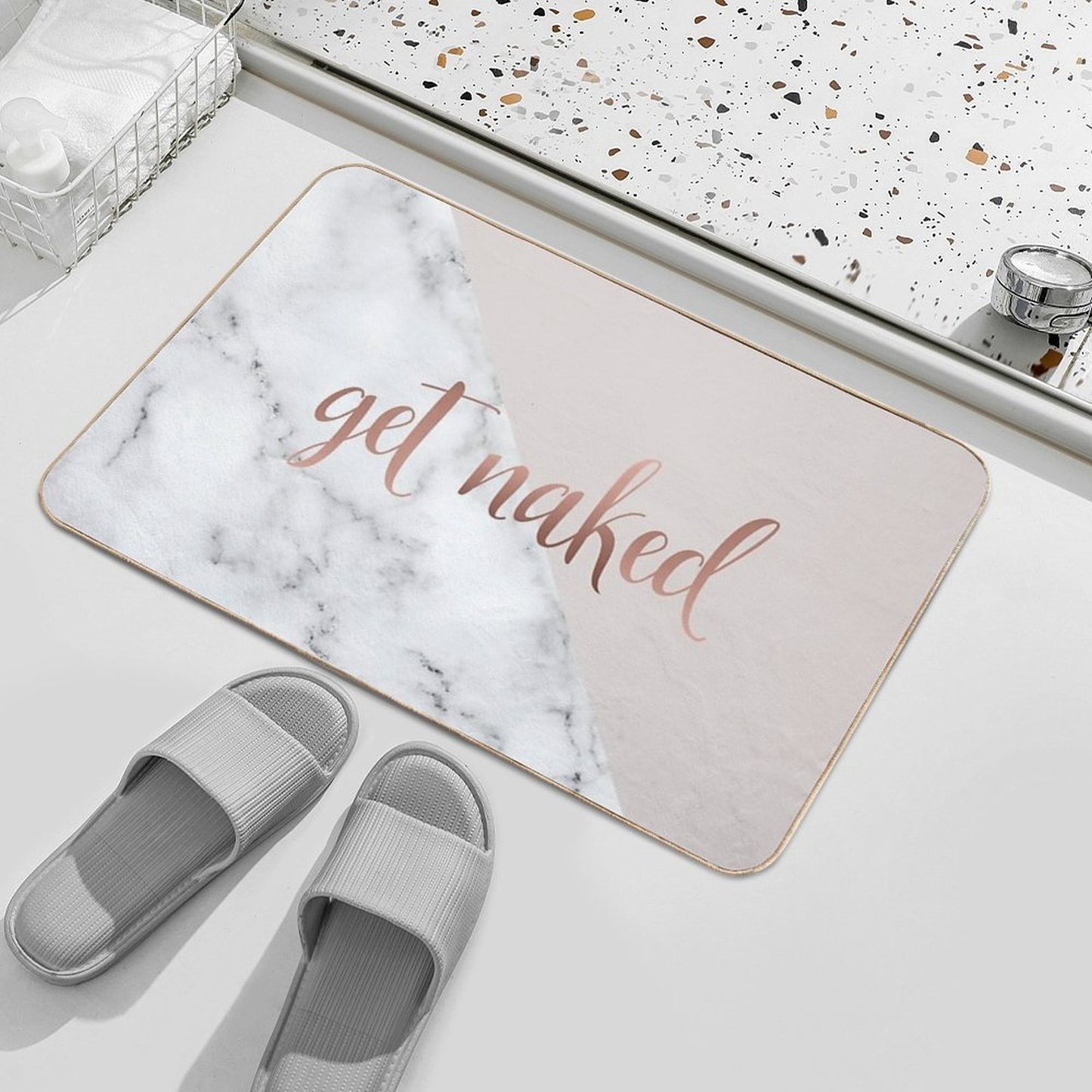Get Naked Bathroom And Bedroom Quote, Blush Pink, Rose Gold, Marble  Non-Slip Bath Mat