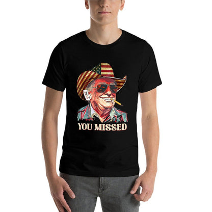 Western Trump Cowboy You Missed American Flag Cowboy Hat  Polyester Blend T-Shirt