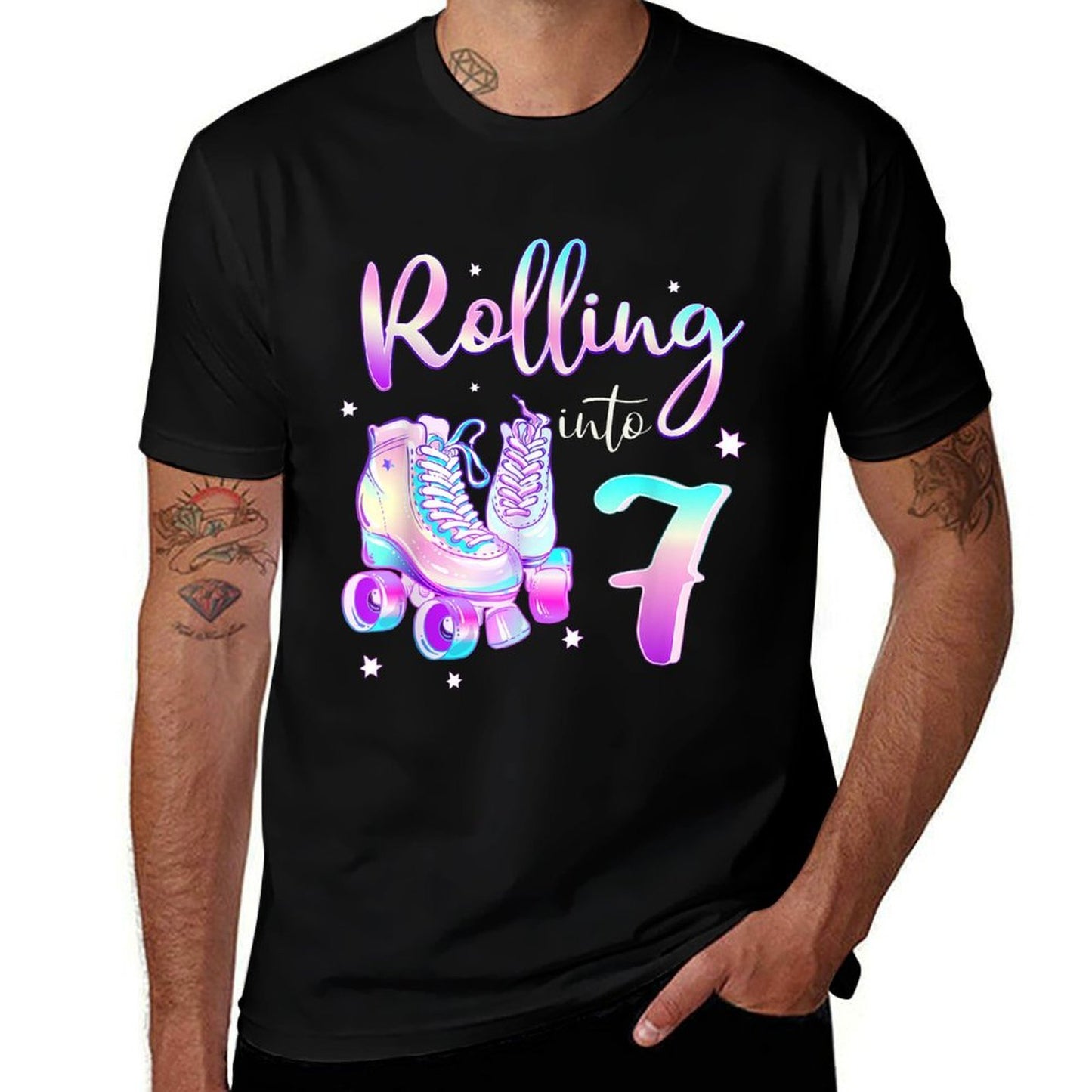 Kids 7 Years Old Birthday Girls Rolling Into 7th Bday Theme  Tagless Design T-Shirt