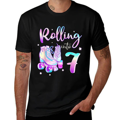 Kids 7 Years Old Birthday Girls Rolling Into 7th Bday Theme  Tagless Design T-Shirt