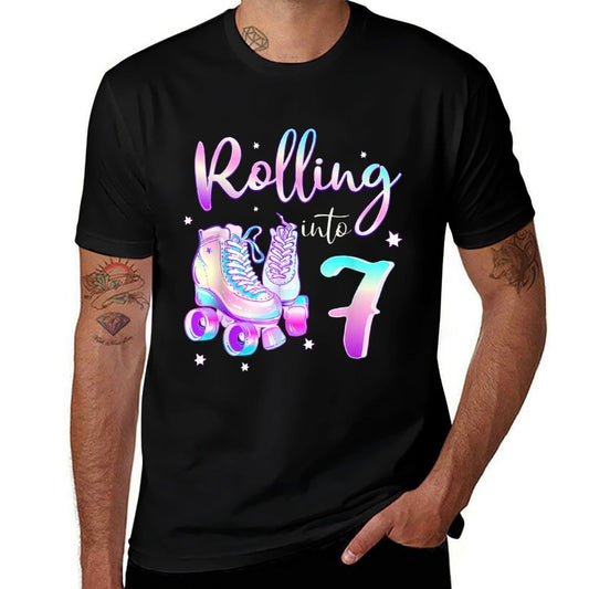Kids 7 Years Old Birthday Girls Rolling Into 7th Bday Theme  Tagless Design T-Shirt
