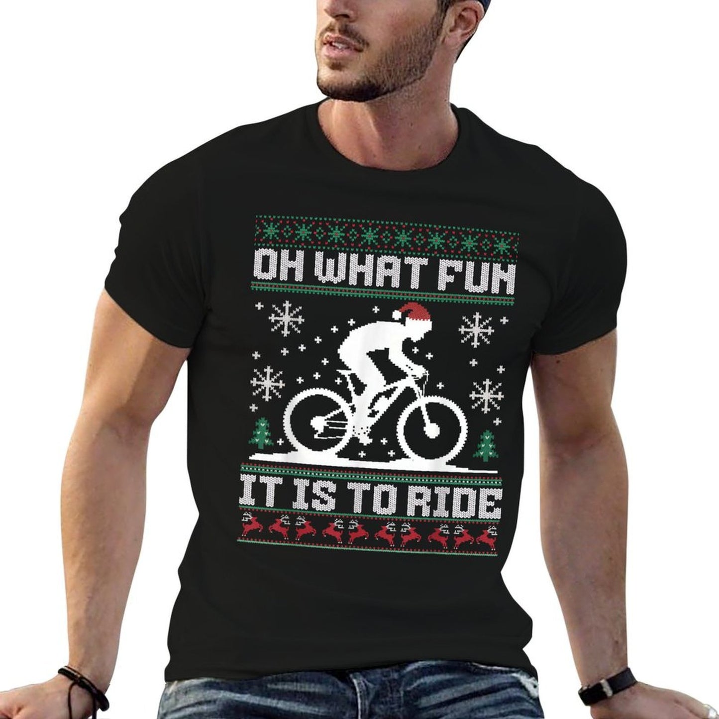 Oh What Fun It Is To Ride Mountain Bike Biker Christmas  Ribbed Collar T-Shirt