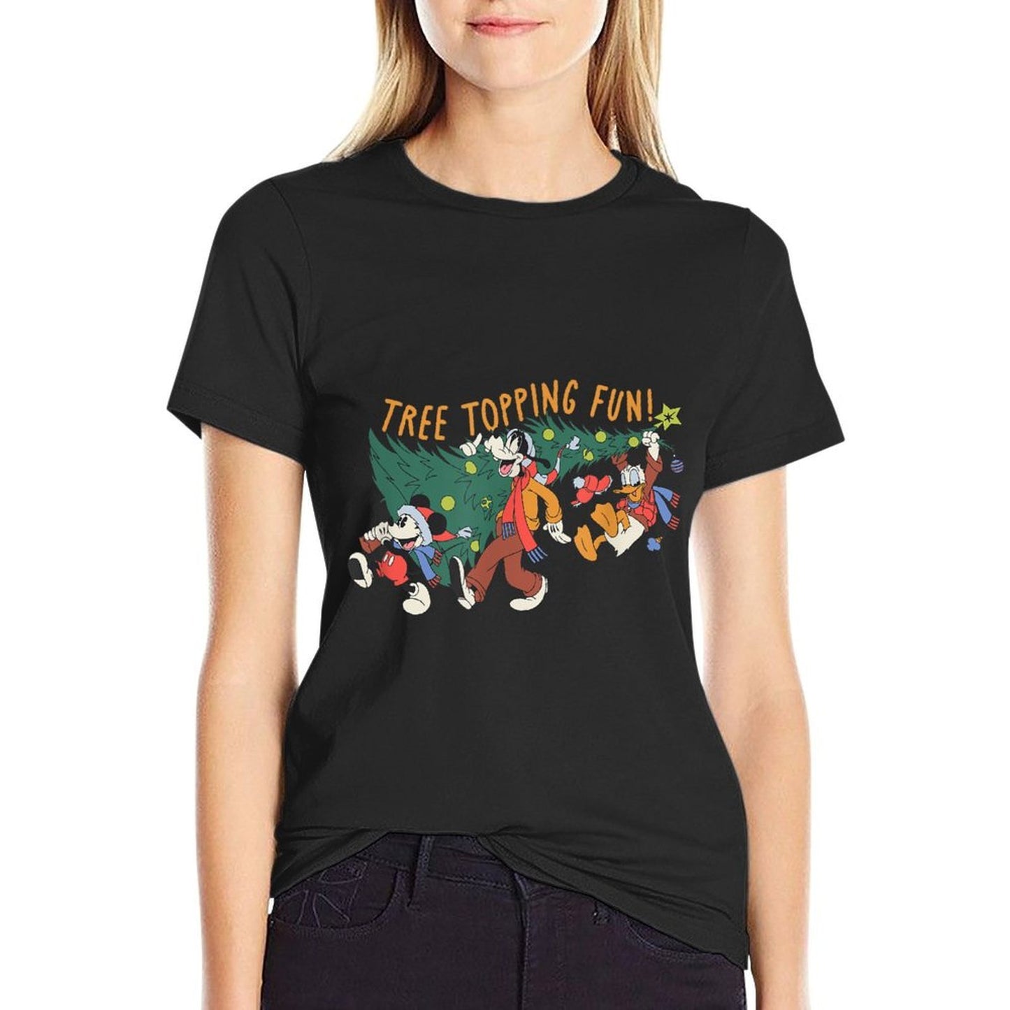 Amazon Essentials Mens Mickey Mouse Goofy And Donald Christmas Tree Topping Fun, Black Graphic Print, Small  Soft T-Shirt