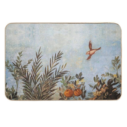 ANTIQUE ROMAN  WALL PAINTINGS,FLYING BIRD, BLUE SKY AND FRUIT TREES ,GREEN FLORAL  Easy Maintenance Bath Mat
