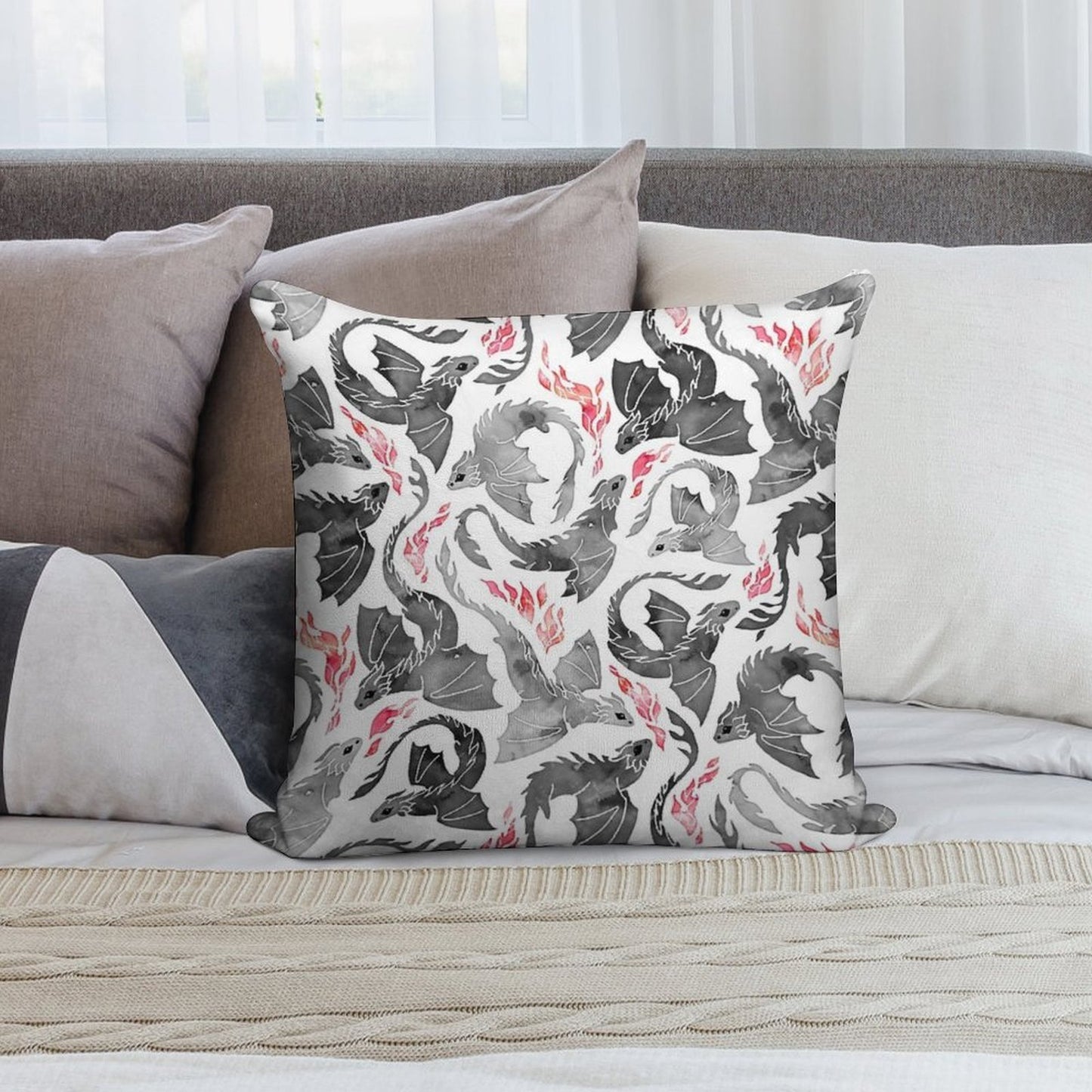 Dragon Fire Greys & Blacks Soft Decorative Cover Throw Pillow