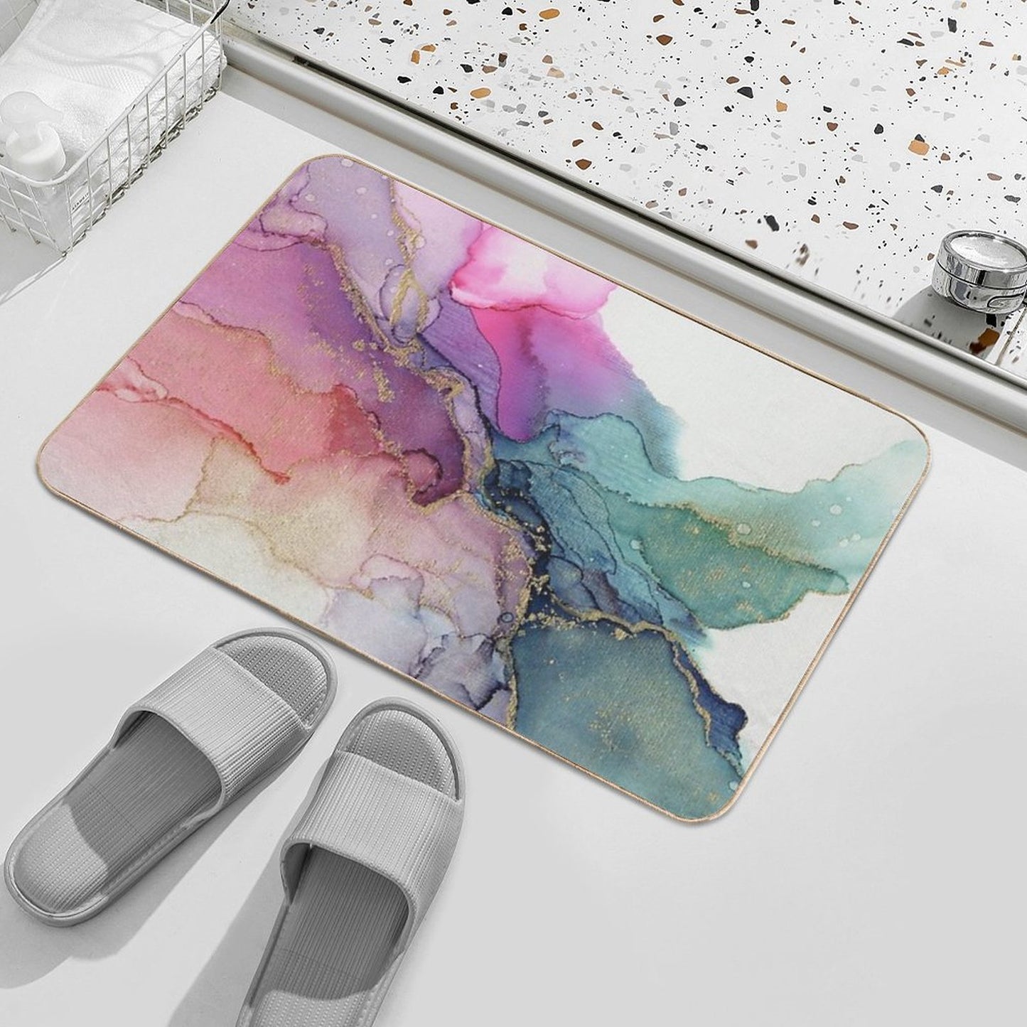 Abstract Coral Turquoise Gold Ink Painting on Canvas  Slip-Resistant Bath Mat