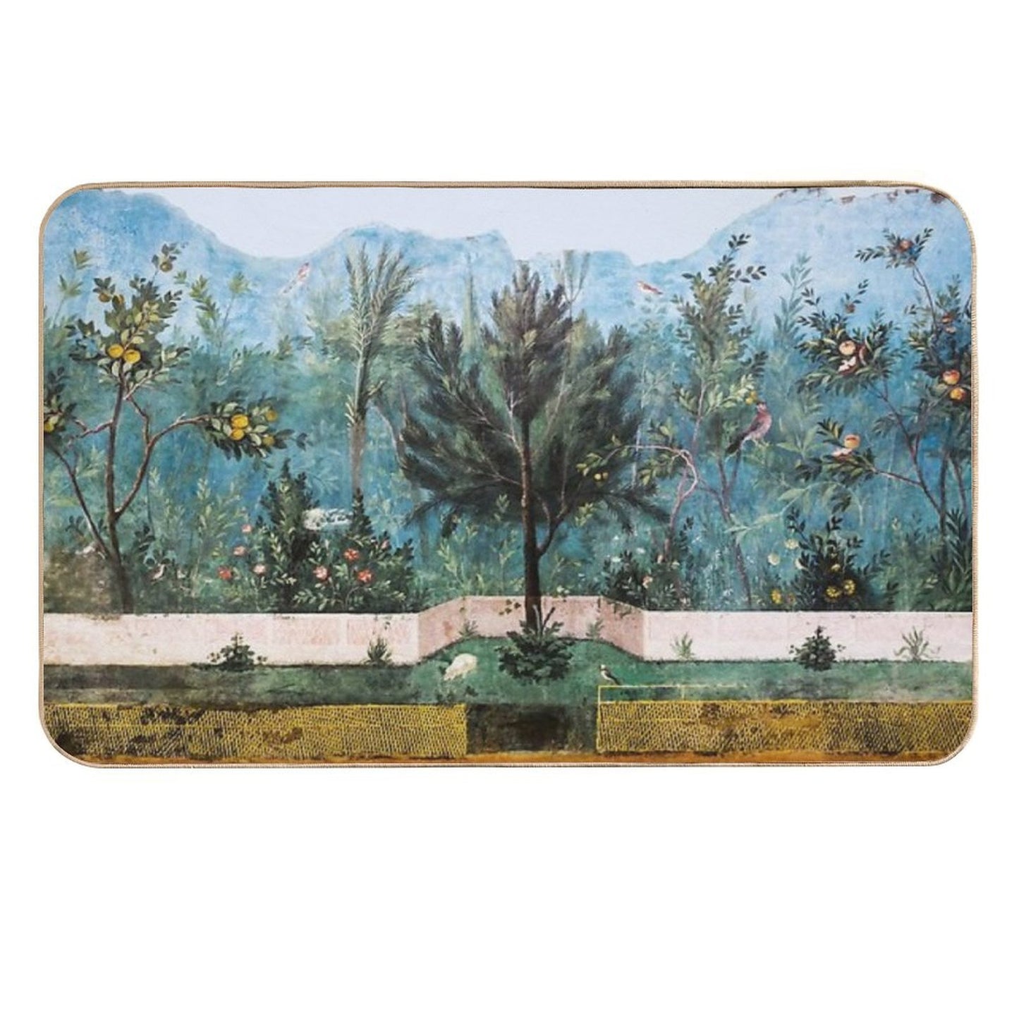 ANTIQUE ROMAN WALL PAINTING Flower Garden Flying Birds Pine,Quince And Apple Trees  Multi-Purpose Bath Mat