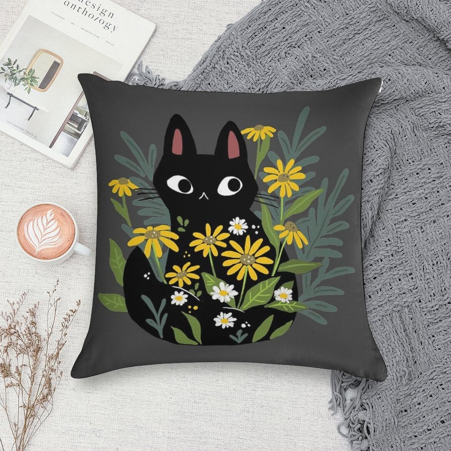 Black Cat with Flowers Soft Anti-Pilling Throw Pillow