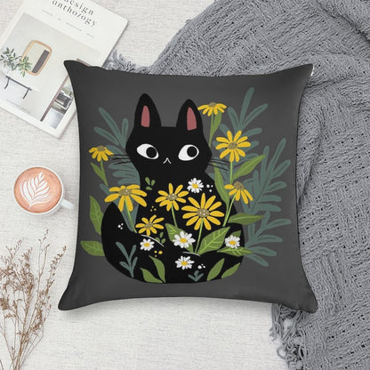 Black Cat with Flowers Soft Anti-Pilling Throw Pillow