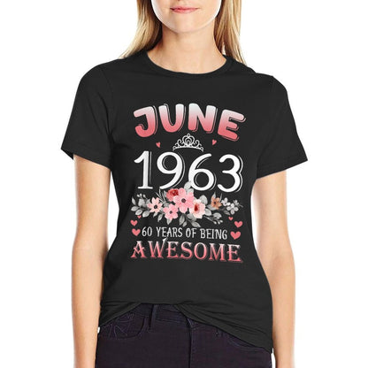 60 Year Old Made In June 1963 60th Flower Birthday Gift  Summer-ready Fabric T-Shirt