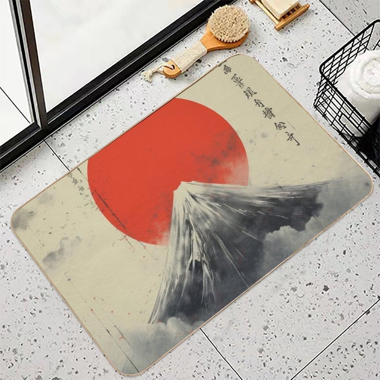 Retro Japanese Poster Art - Mount Fuji Inspired  Easy To Clean Bath Mat