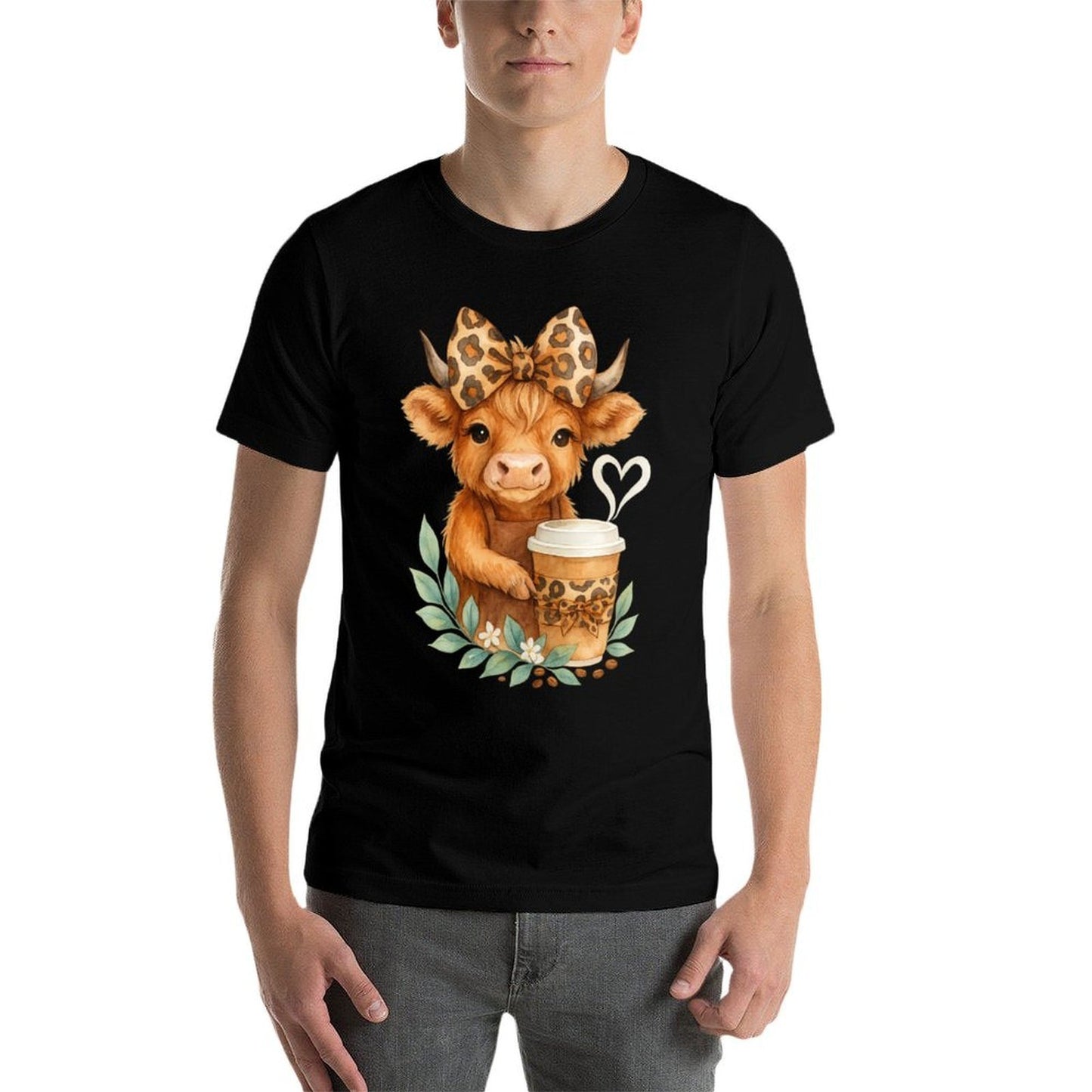 Cute Cow Holding Coffee Highland Cow with Leopard Bow  Classic T-Shirt