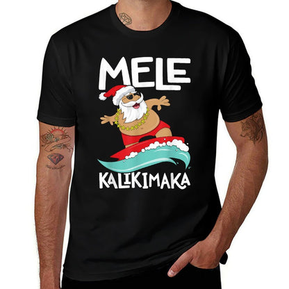 Mele Kalikimaka Hawaiian Christmas Hawaii Surfing Santa Black  High-quality Stitching T-Shirt