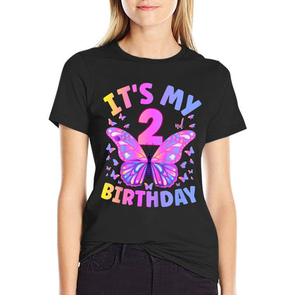 Kids 2nd Birthday Girl Two Year Old Butterfly Birthday  Summer-ready Fabric T-Shirt