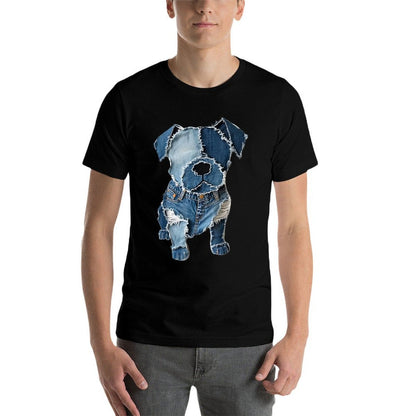 Dog Pattern Denim Patchwork Art  Fade-proof Color T-Shirt