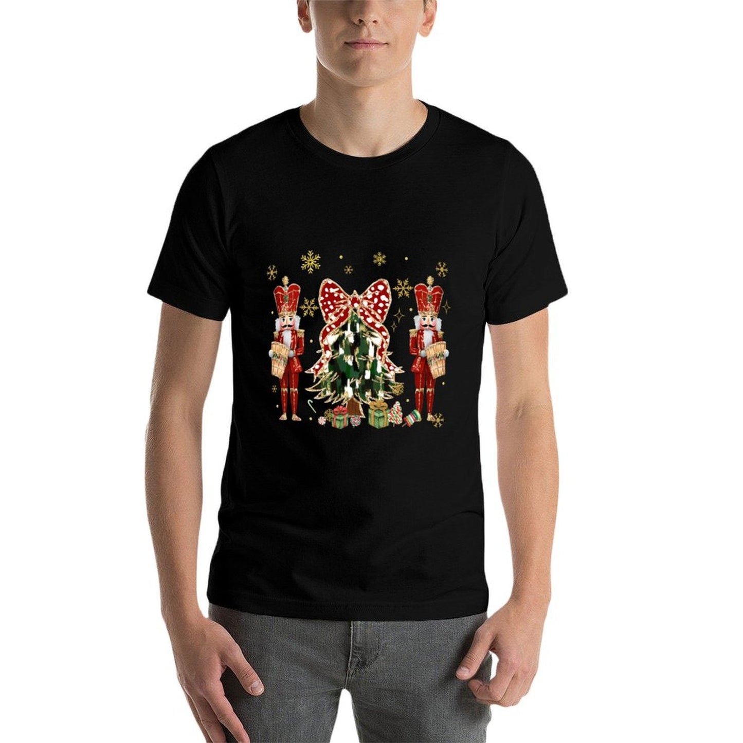 Women Christmas Tree Brushstroke Coquette Bow Red Nutcracker  High-quality Stitching T-Shirt