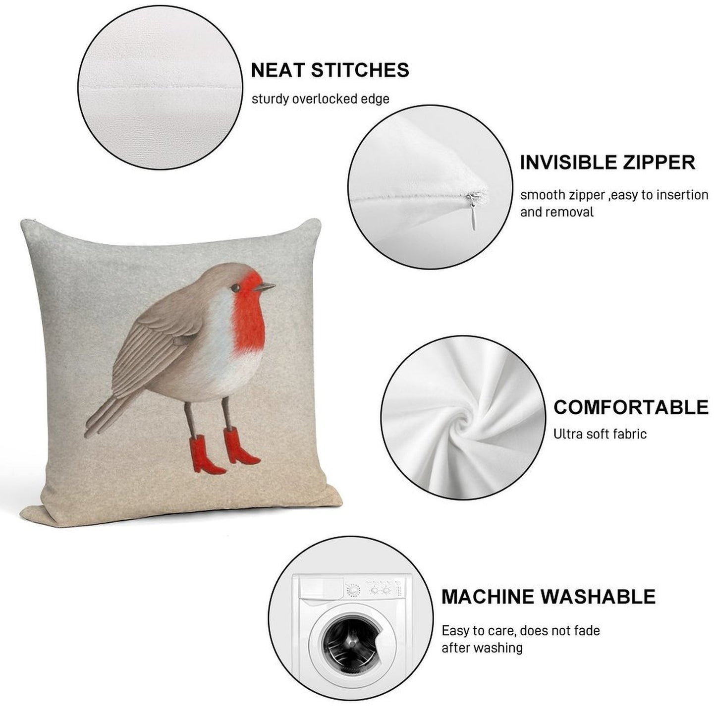 Robin Soft Hidden Zipper Throw Pillow