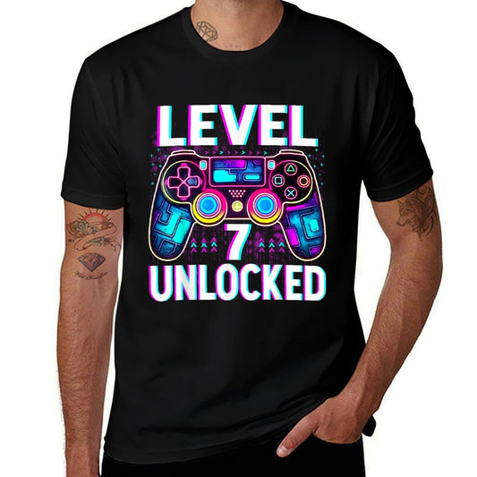 Level 7 Unlocked Funny Video Gamer Geek 7th Birthday  Rolled Sleeves T-Shirt