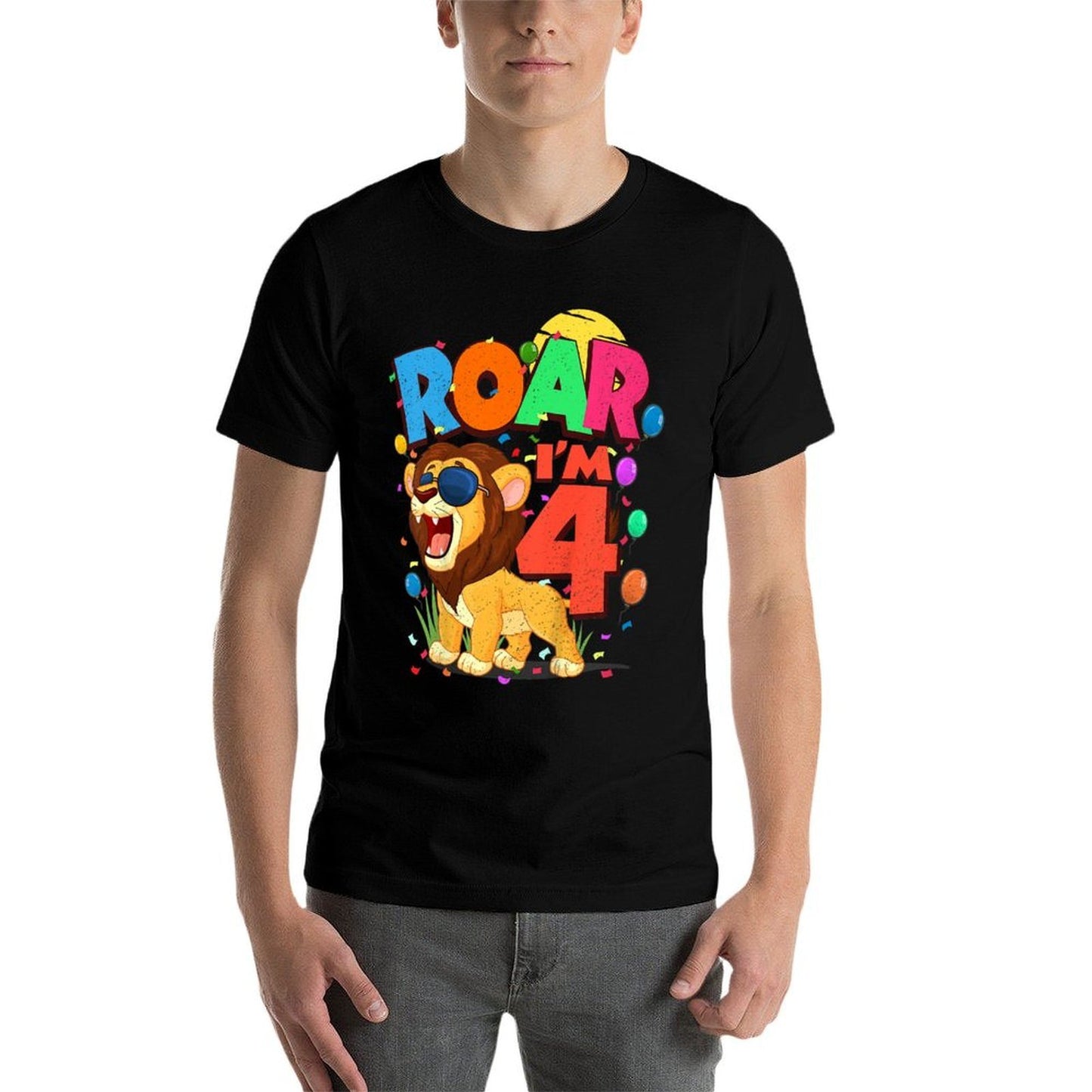 Kids 4th Birthday ROAR I'M 4 Year Old Boys Lion Safari Gift  Summer-ready Fabric T-Shirt