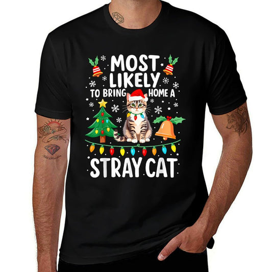 Most Likely to Bring Home A Stray Cat Christmas Costume Xmas  Rolled Sleeves T-Shirt