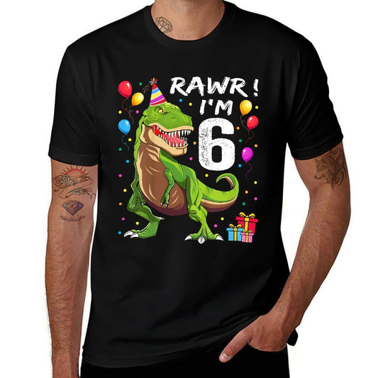 Kids 6 Year Old 6th Birthday Boy T Rex Dinosaur  Cotton T-Shirt