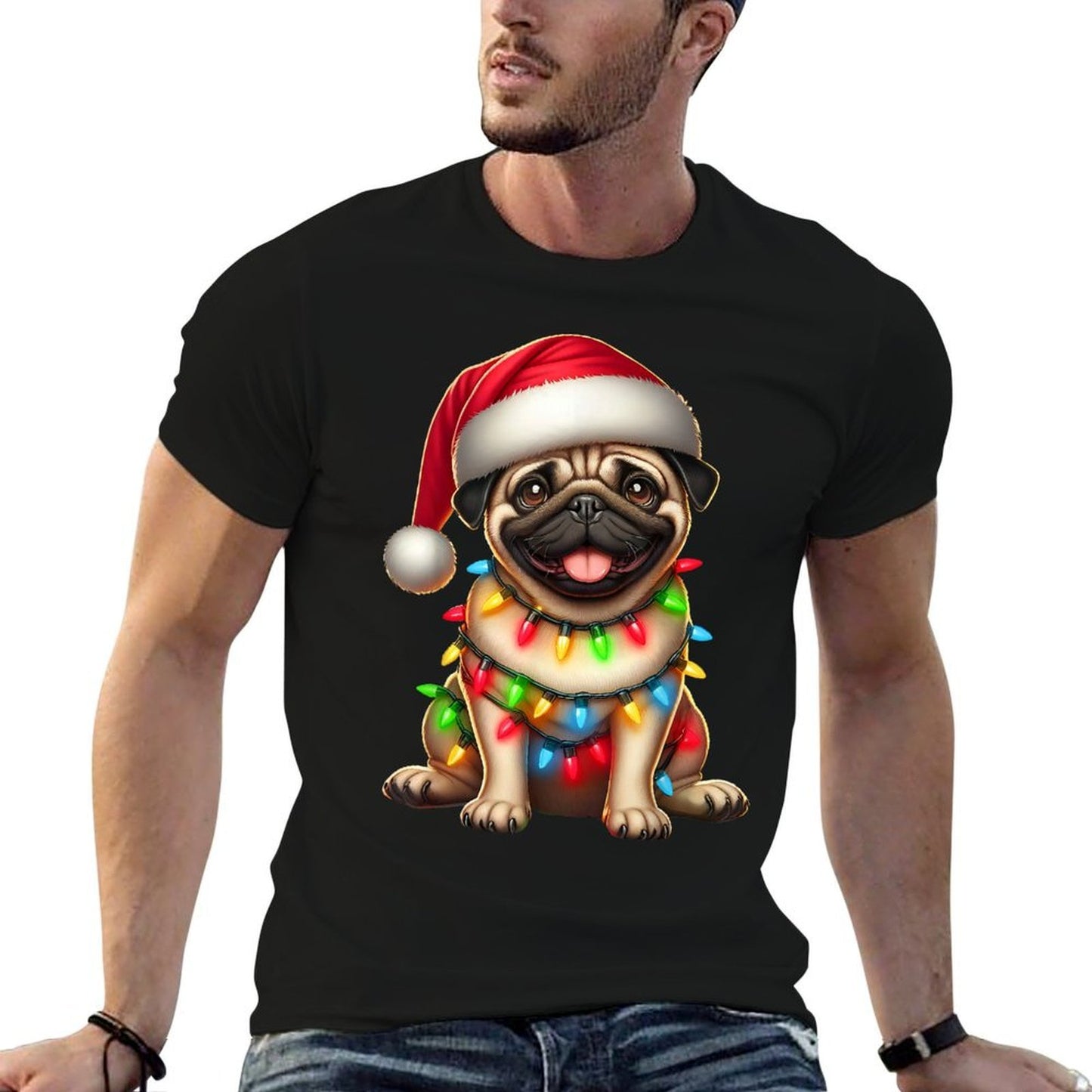 Pug Dog Christmas Tree Lights Santa Xmas Pajama Dog Lover  High-quality Stitching T-Shirt