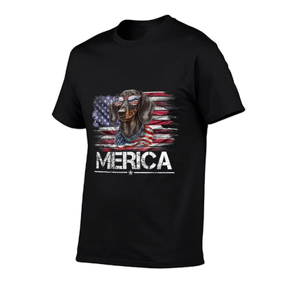 Vintage Dachshund Dog, Merica Weiner Dog USA Funny  Ribbed Collar T-Shirt