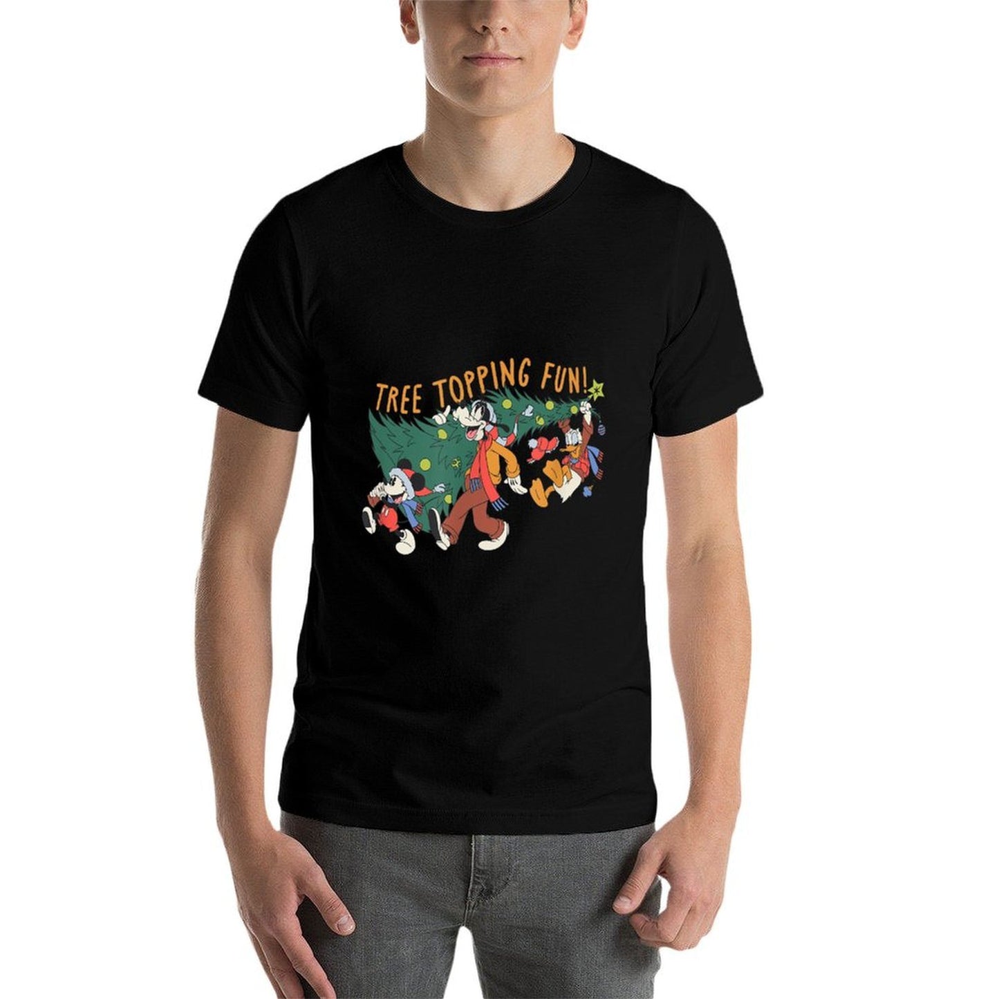 Amazon Essentials Mens Mickey Mouse Goofy And Donald Christmas Tree Topping Fun, Black Graphic Print, Small  Soft T-Shirt