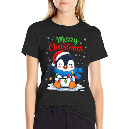 Merry Christmas Penguin Santa Hat Xmas Light Family Matching  Graphic-printed T-Shirt