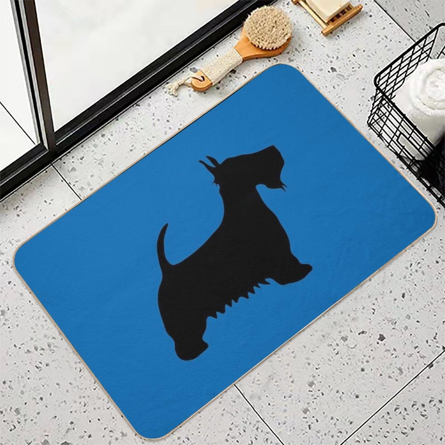 Scottish Terrier Dog Silhouette - Black on Scottish Saltire Blue Background  Rapid-Drying Bath Mat