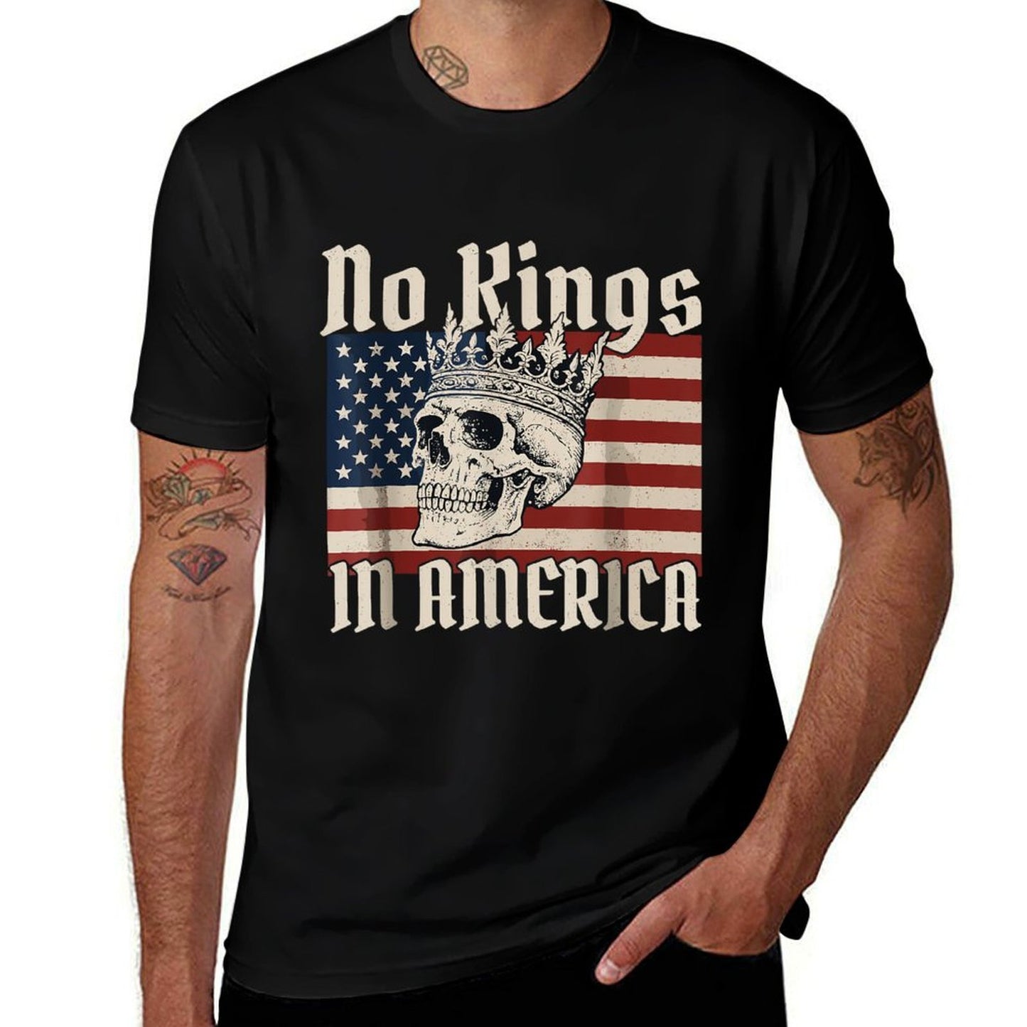 No Kings in America Skull American Flag King Skull  Odor-resistant T-Shirt