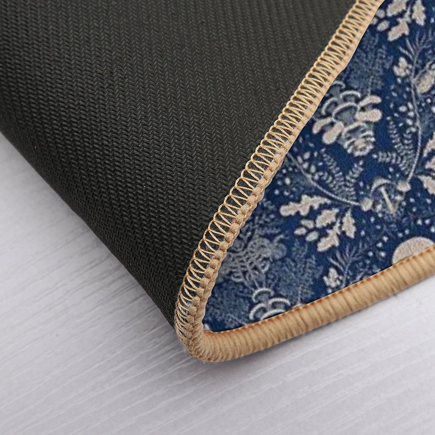 Mushrooms Forest Damask Navy Blue Beige  Pet-Safe Bath Mat