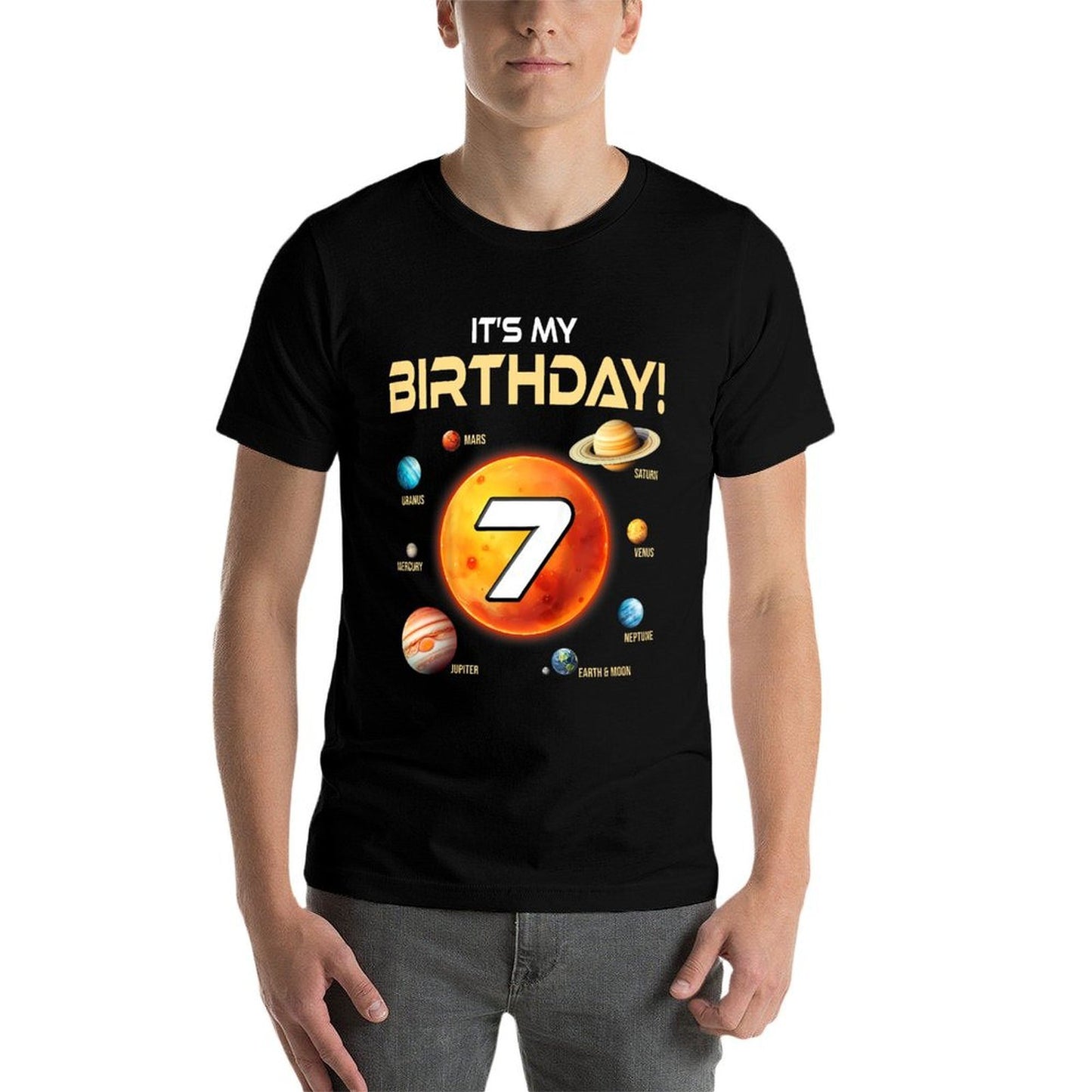 Kids Cute Solar System 7th Birthday Seven Years Old Space Planets  Affordable Price T-Shirt