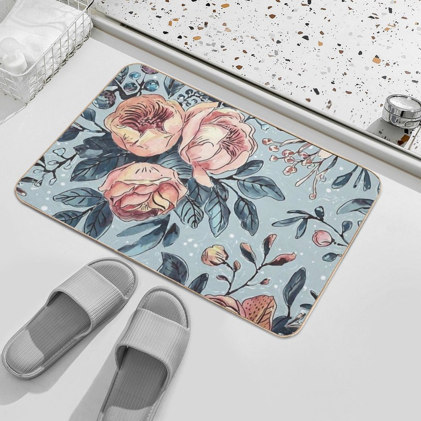Organic Hand-Drawn Watercolor Floral Design  Non-Slip Bath Mat