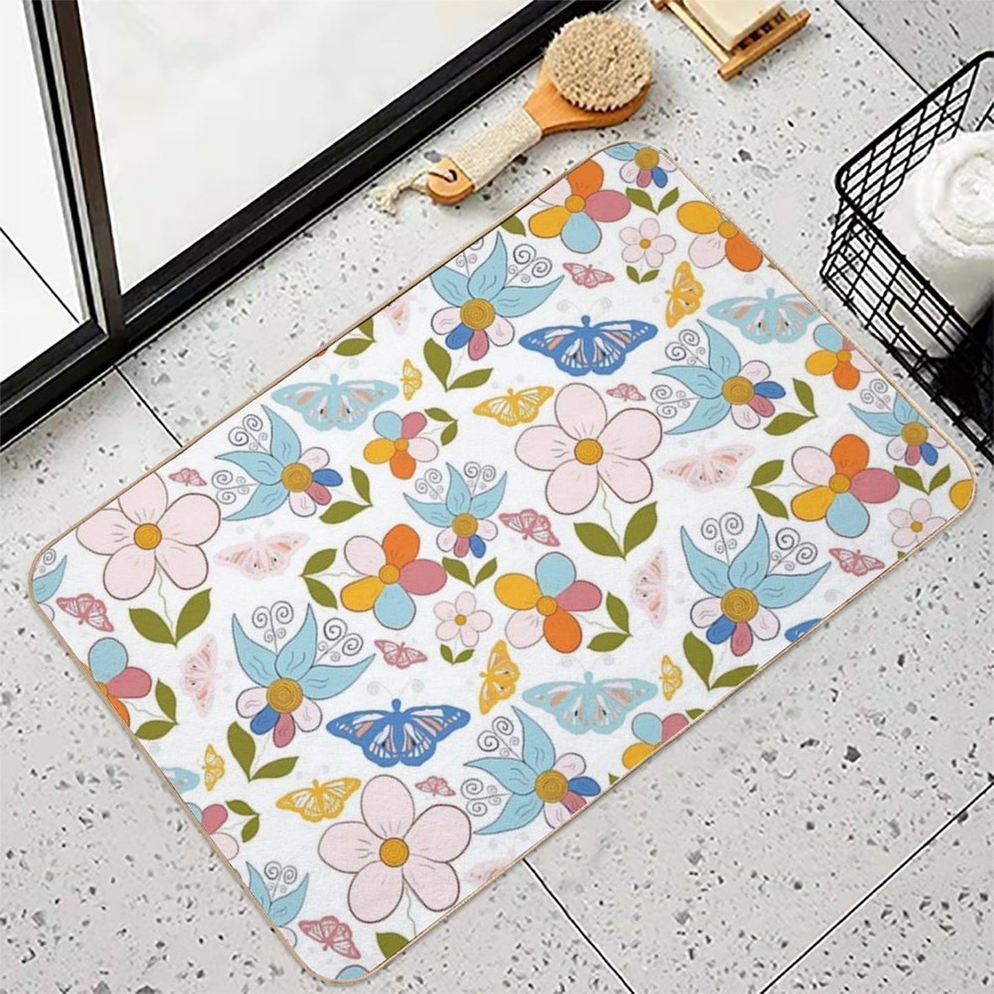 Whimsical  Beautiful Summer Butterfly Garden  Absorbent Bath Mat