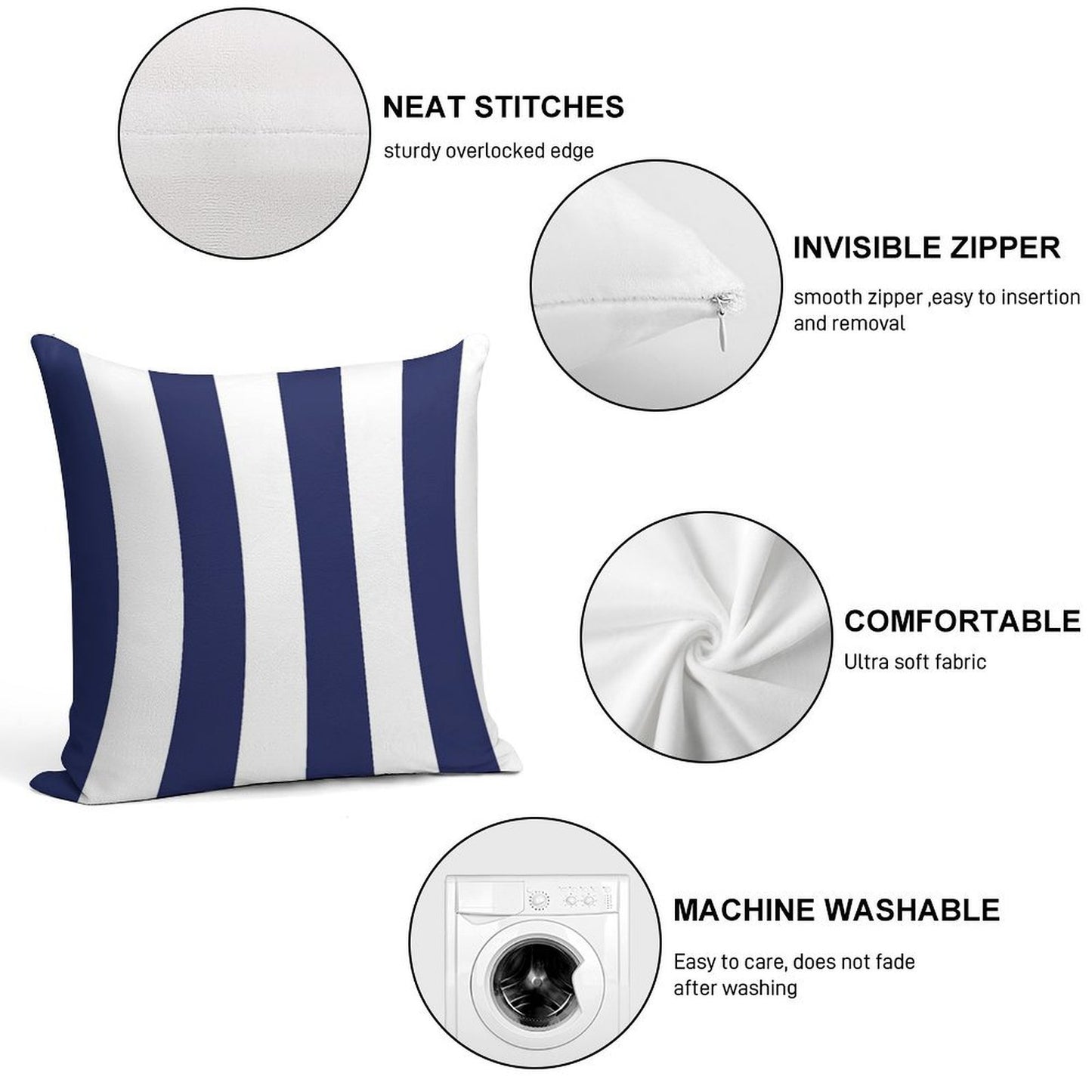 Navy Blue And White Stripes, Vertical Awning Stripes Soft Skin-Friendly Throw Pillow