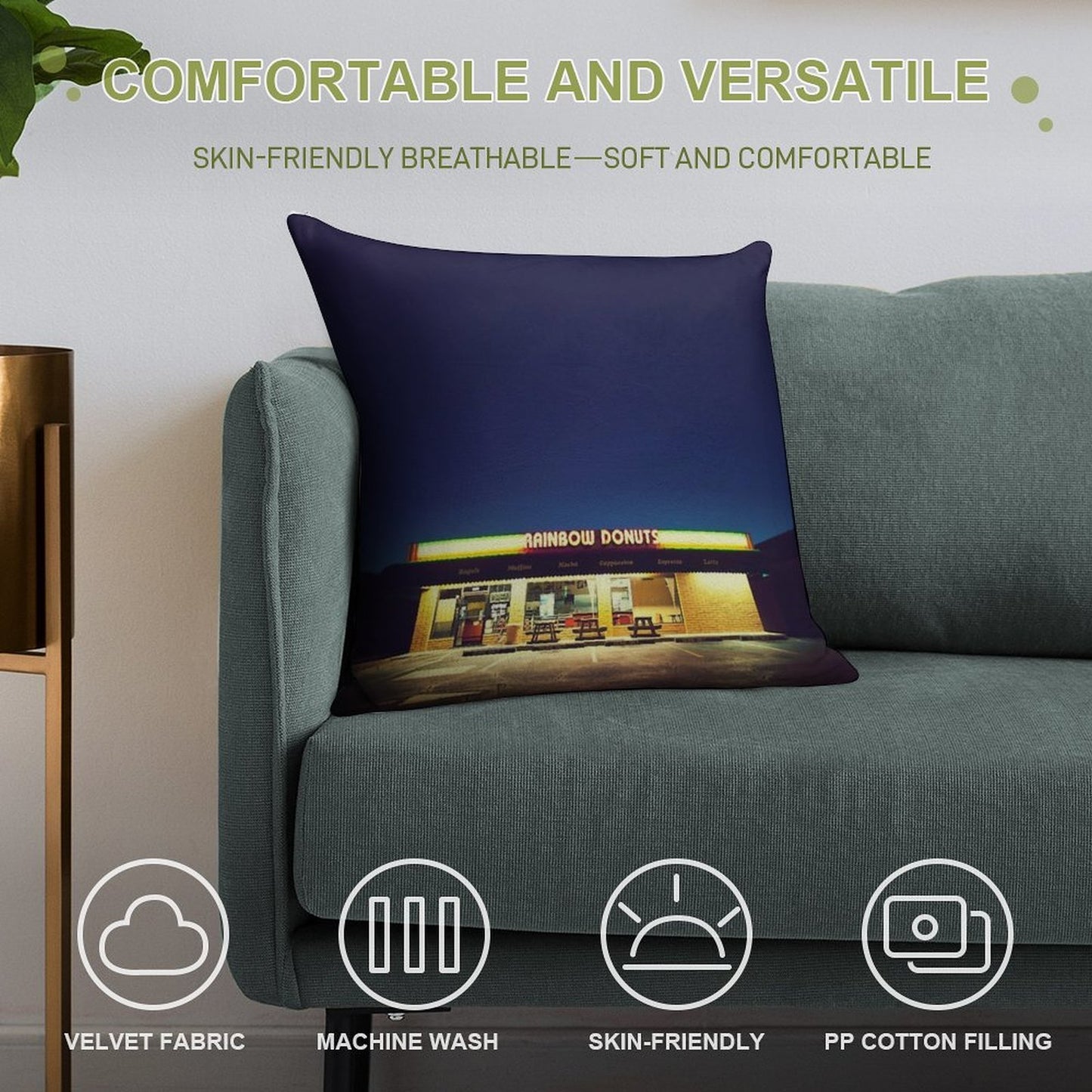 Rainbow Donuts. Soft Durable Construction Throw Pillow