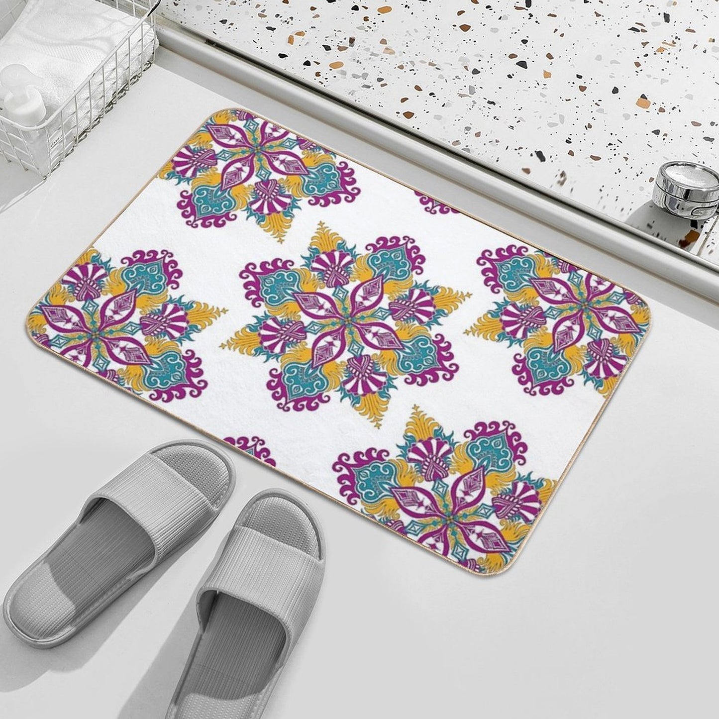 Colorful Fuchsia, Yellow And Blue Mandala.  Stain-Proof Bath Mat