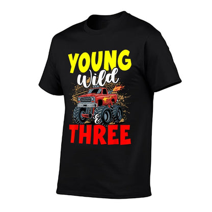 Kids Young Wild Three 3rd Birthday Boy Monster Truck 3 Years  Vintage-inspired T-Shirt