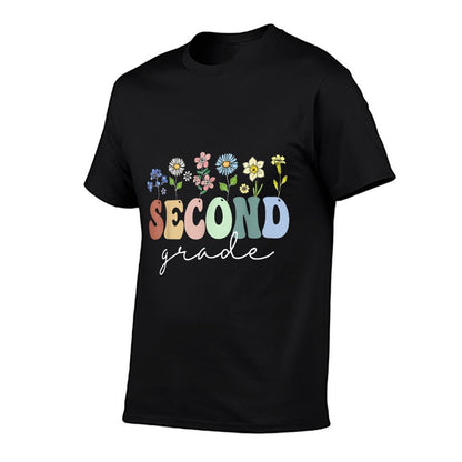 2nd Grade Wildflower Floral Back To School Gift For Teachers  Rolled Sleeves T-Shirt