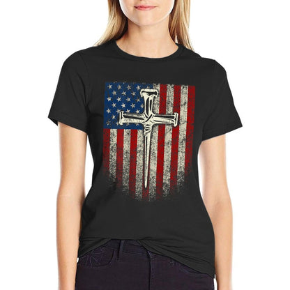 (Art on Back) American US Cross Christian  Heathered Texture T-Shirt