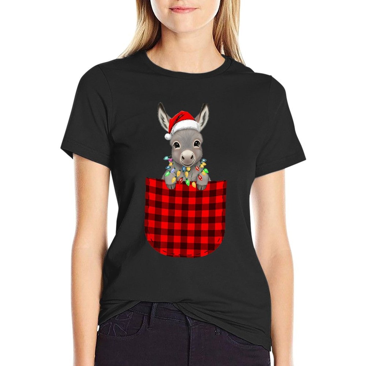 Donkey Buffalo Red Plaid Pocket Christmas Funny Men Women  Breathable T-Shirt