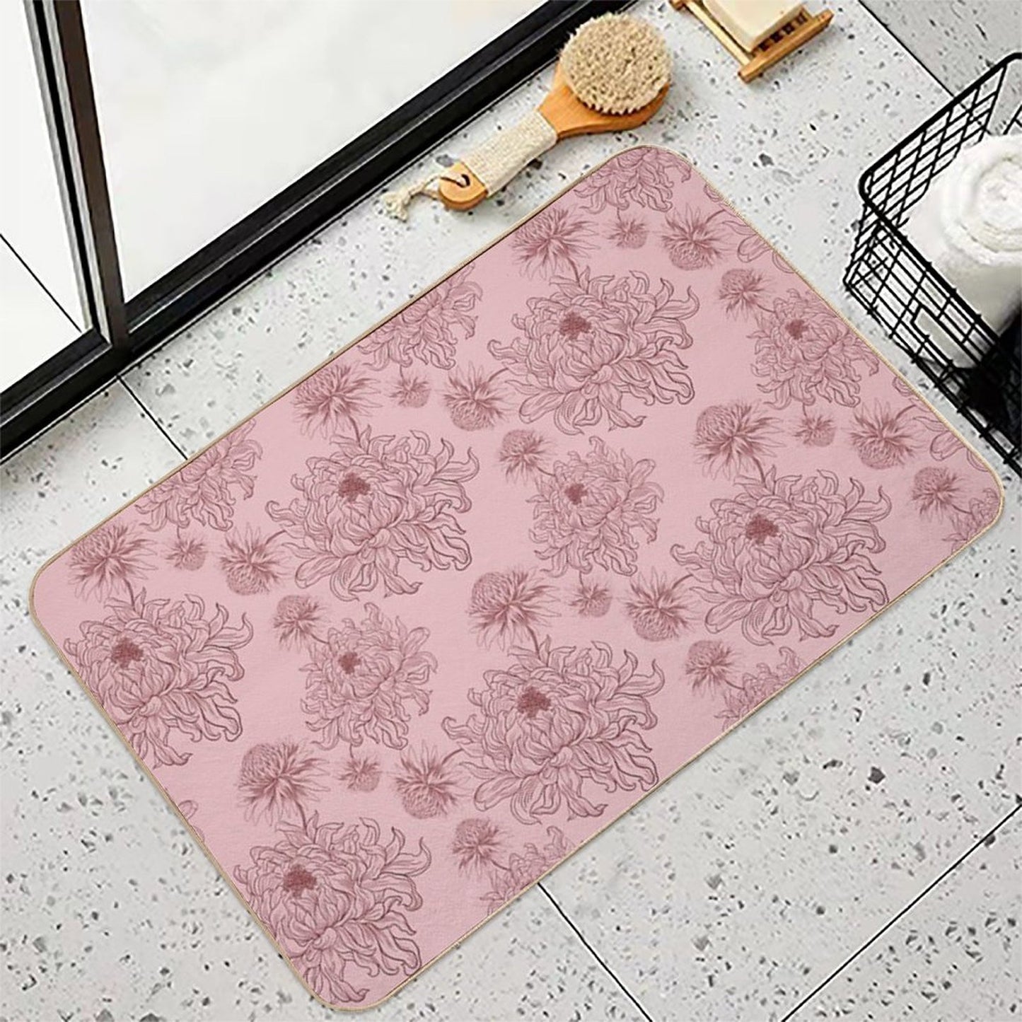 Vintage Floral Pattern on Soft Pink Background  Pet-Safe Bath Mat