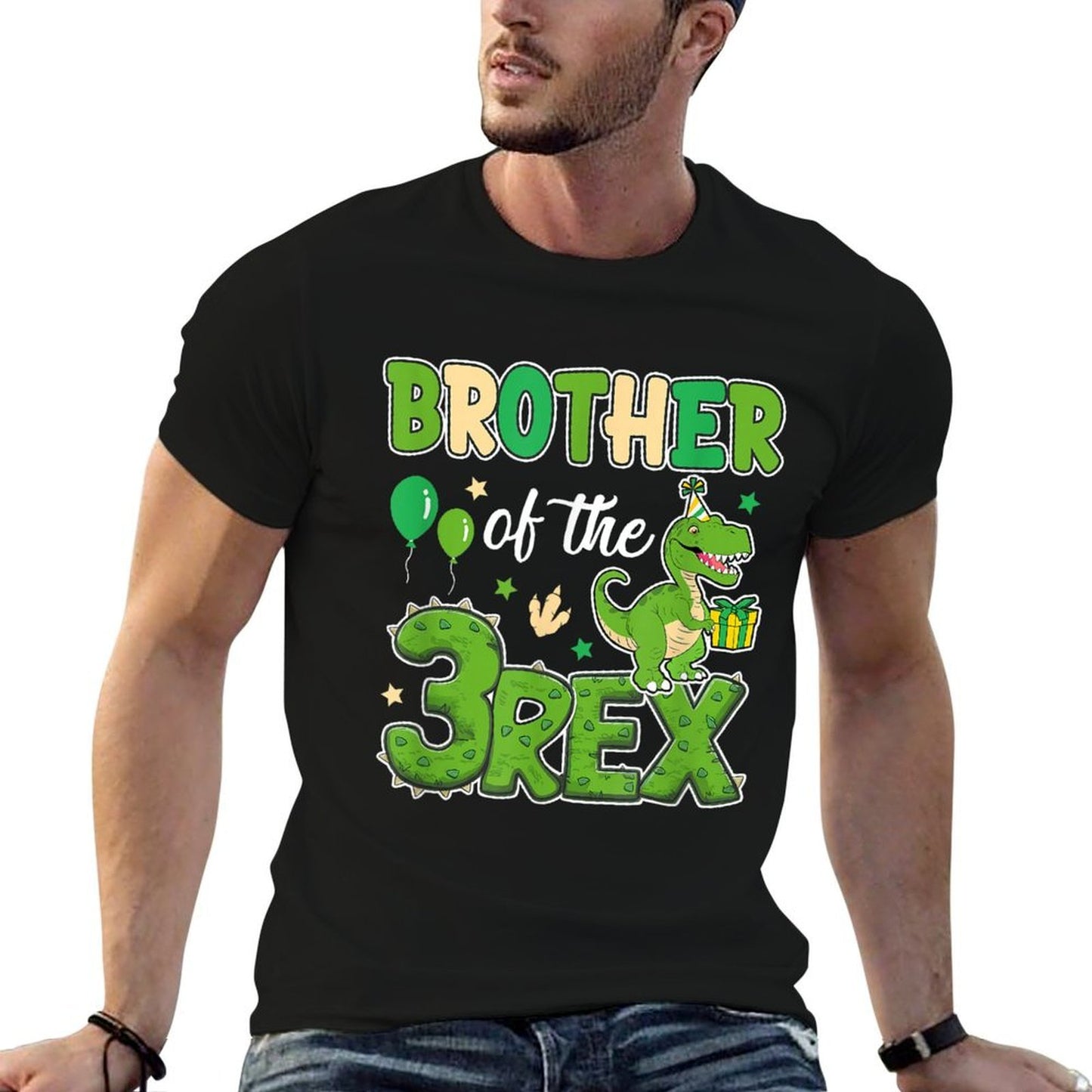 Brother Of The Three Rex Birthday Dinosaur Family Matching  Ribbed Collar T-Shirt