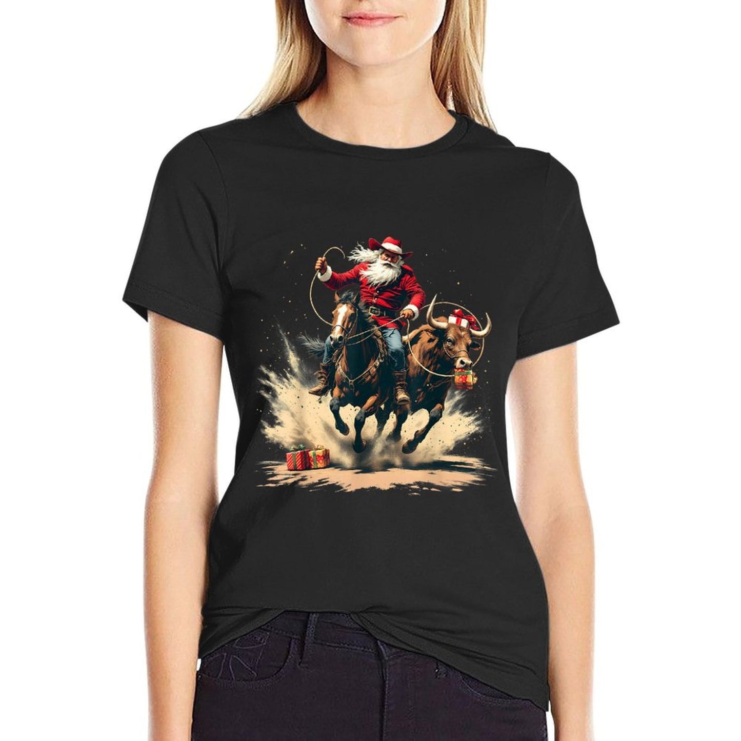 Santa Claus Cowboy Vintage Christmas Horse Cow Men Boy  Trendy Pattern T-Shirt