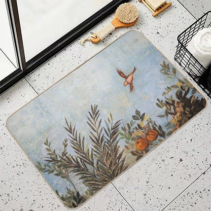 ANTIQUE ROMAN  WALL PAINTINGS,FLYING BIRD, BLUE SKY AND FRUIT TREES ,GREEN FLORAL  Easy Maintenance Bath Mat